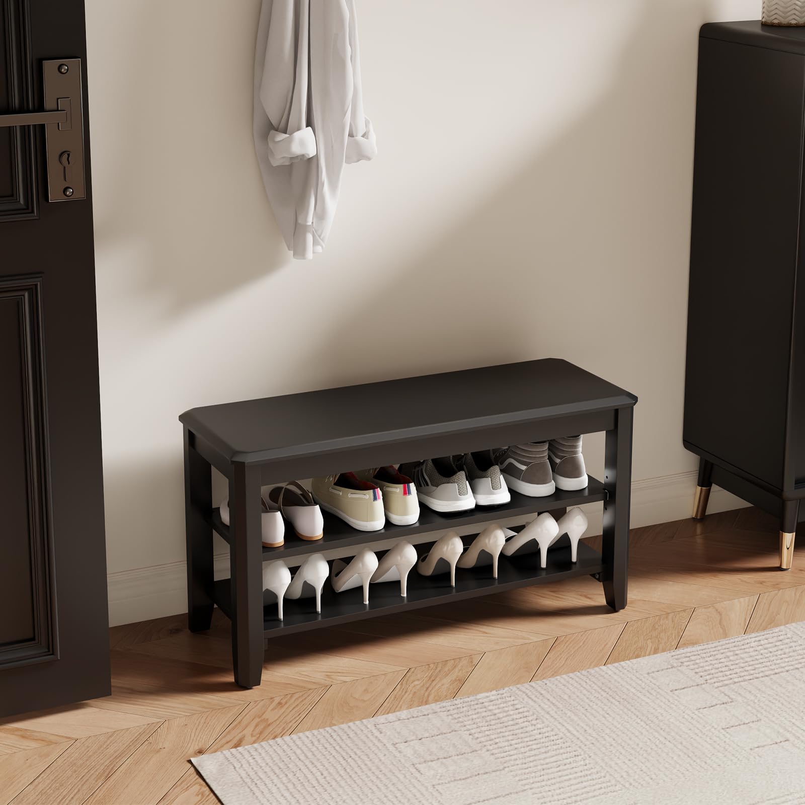 2-Tier Wood Shoe Bench with Adjustable Shelf