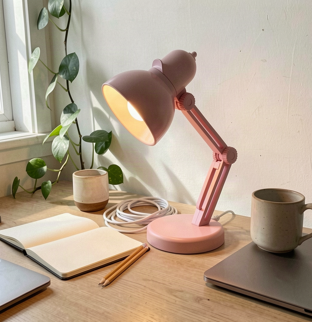 Pastel pink mini LED desk lamp in a lived-in home workspace