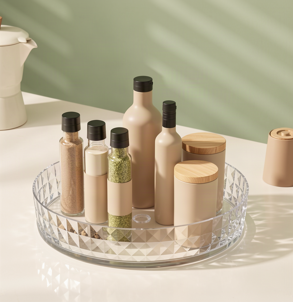 Rotating kitchen organizer tray in a warm neutral kitchen setting