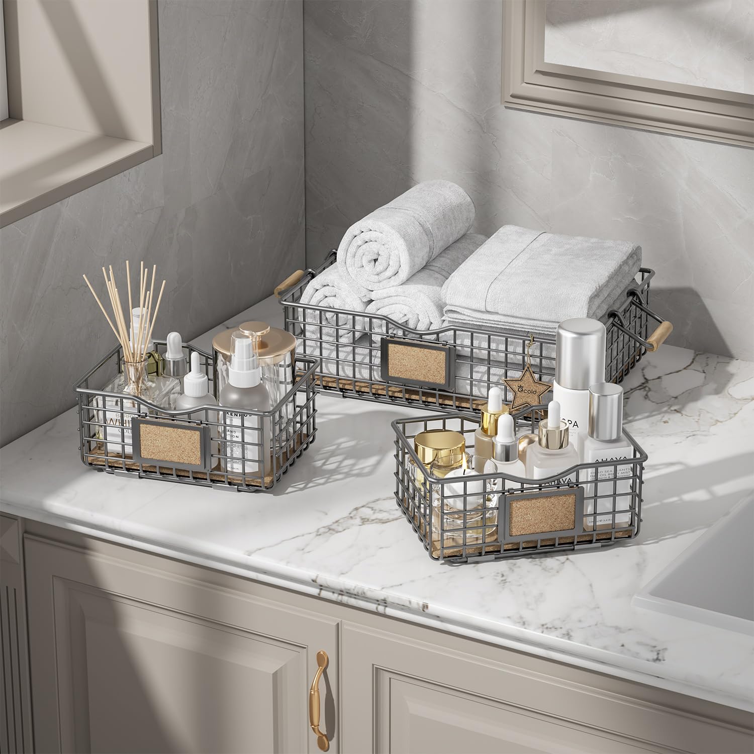 3-Piece Metal Storage Basket Set with Wood Handles