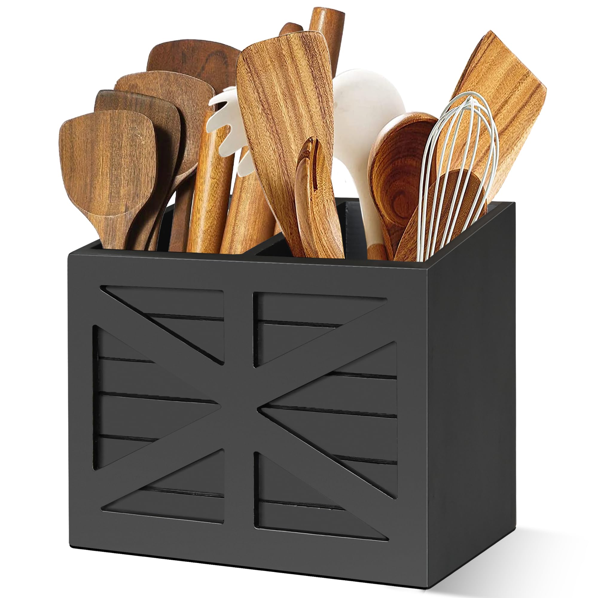 2-Compartment Wood Kitchen Utensil Holder