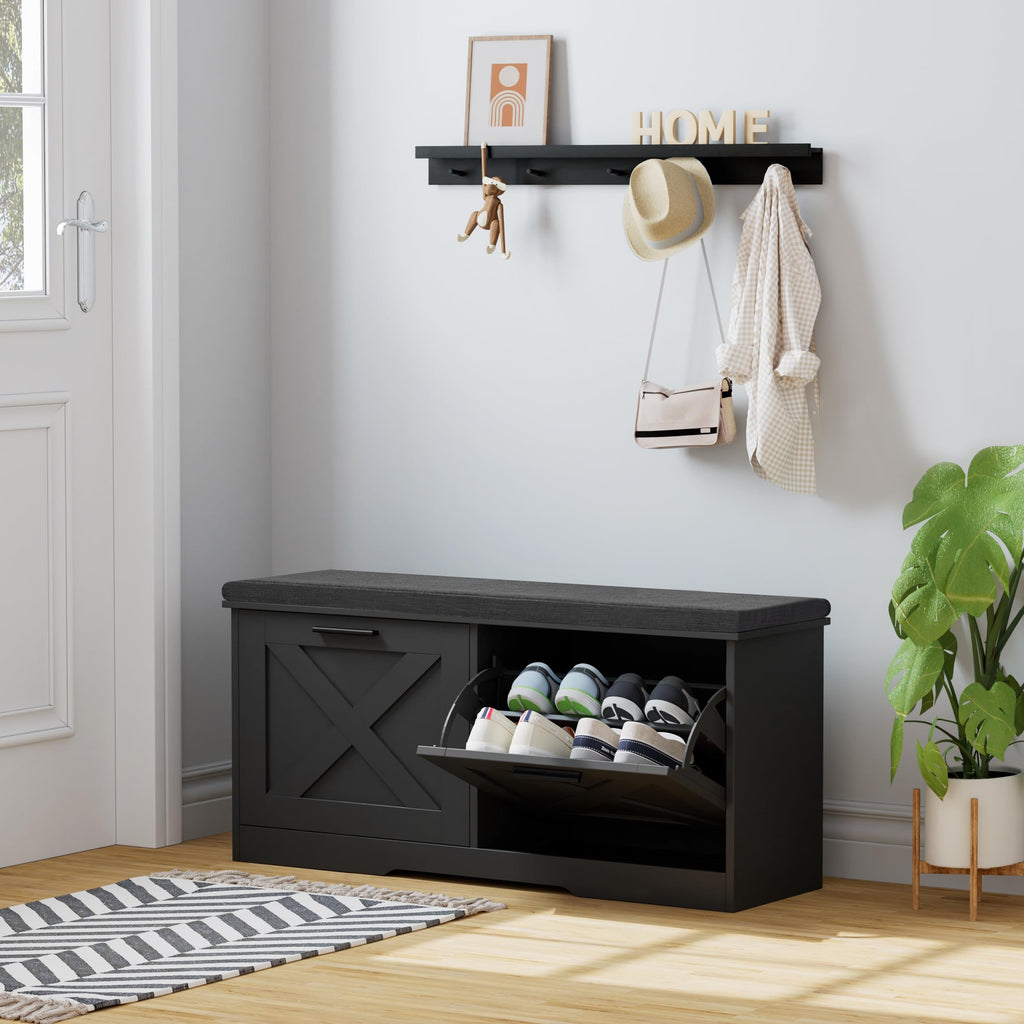 Shoe Storage Bench with Flip Drawers and Cushion
