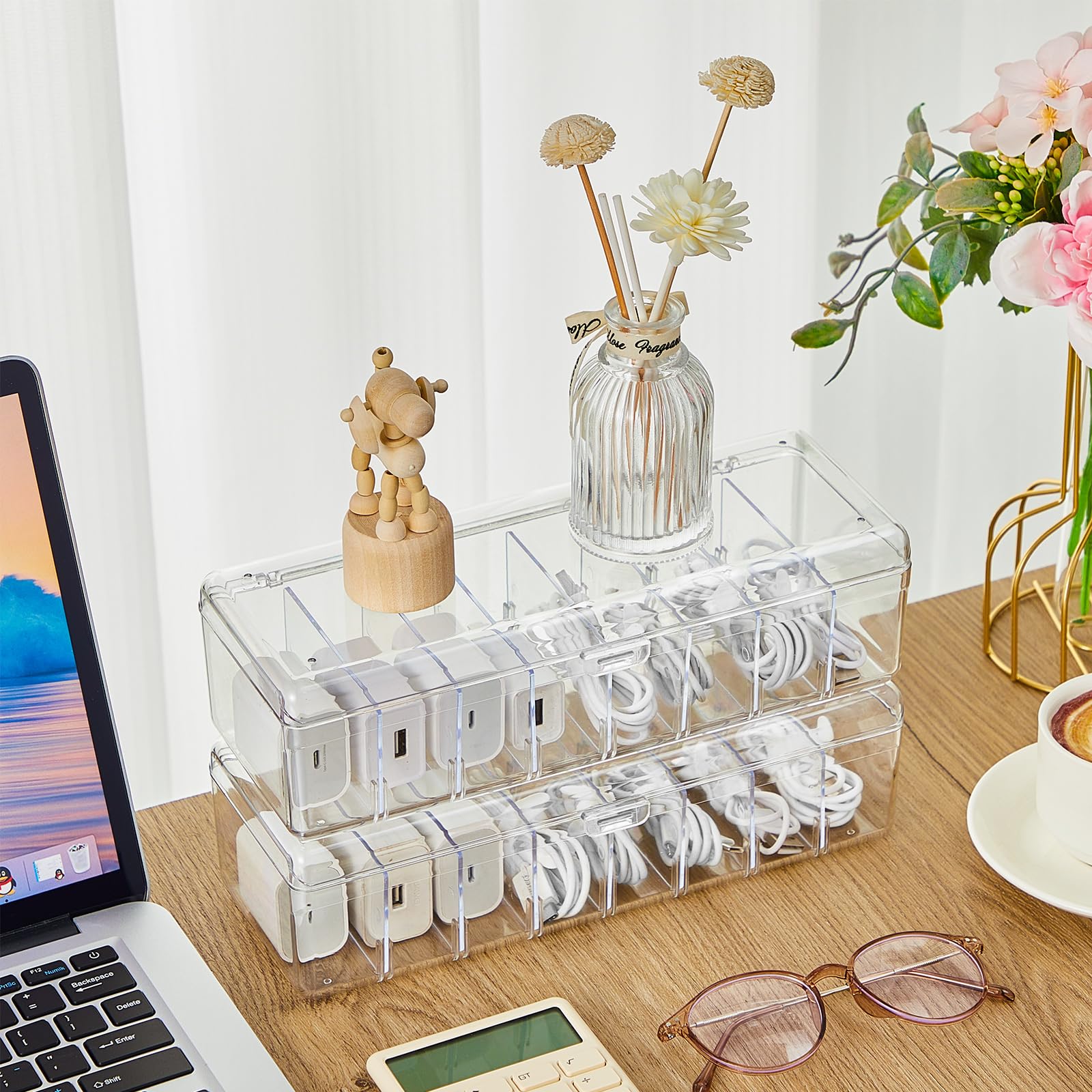 Clear Cable Organizer Boxes with Lids, 2 Pack