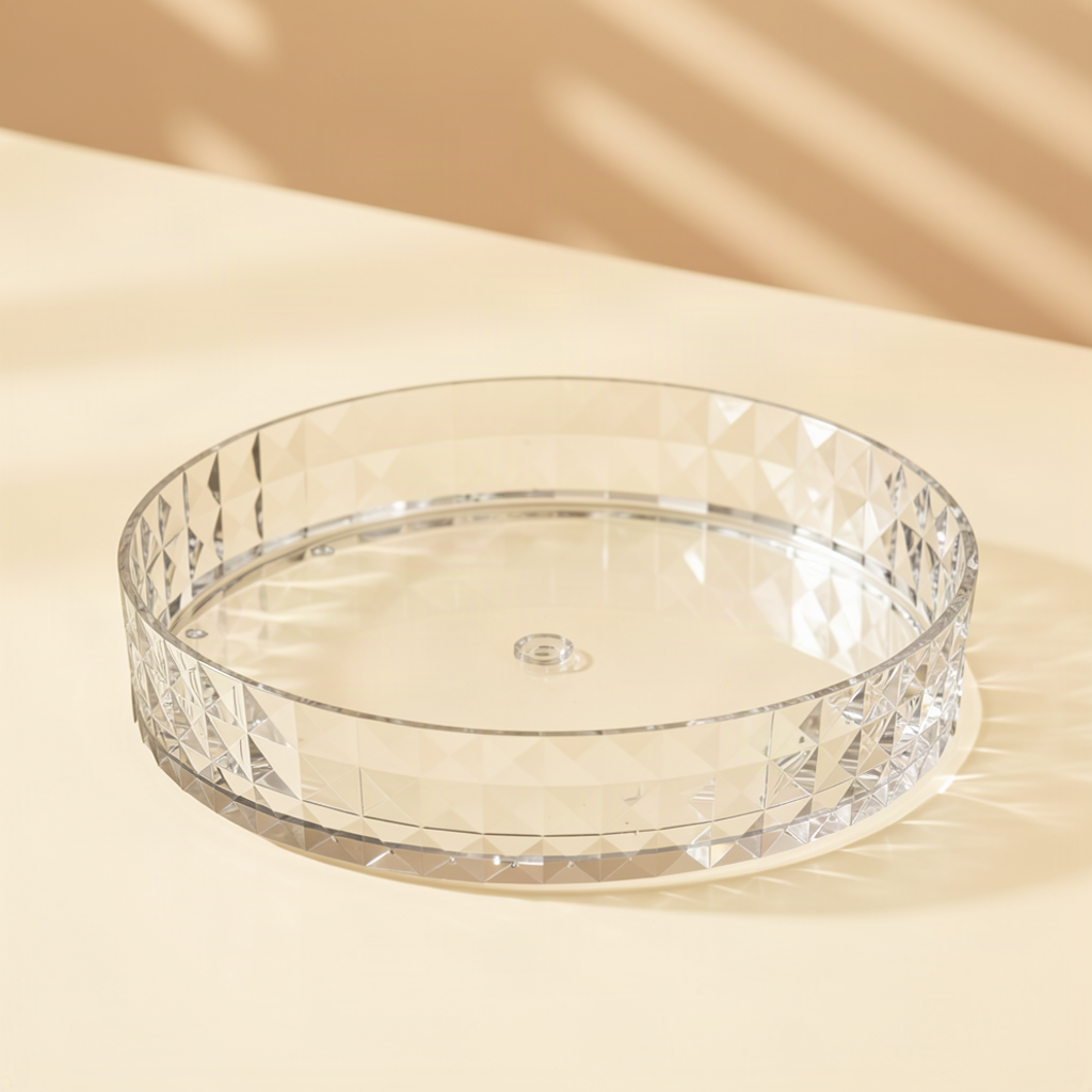 Faceted rim and rotating base detail of clear organizer tray