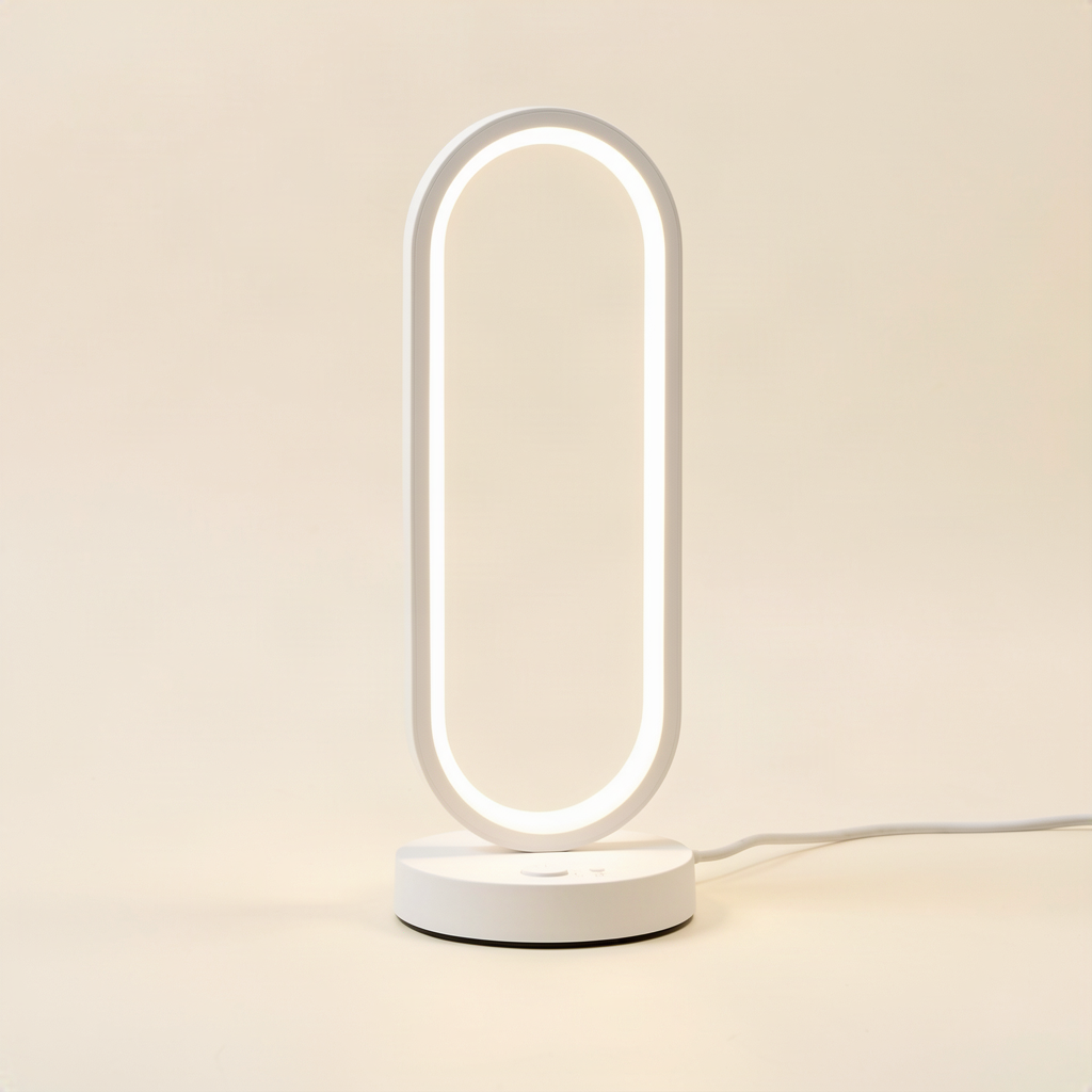 White LED bedside lamp on warm off-white background