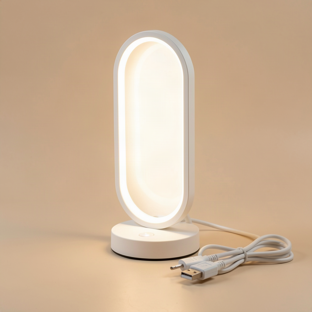 White LED bedside lamp touch control and USB cable detail