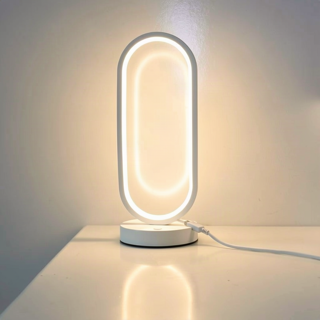 White LED bedside lamp cable connection and frame detail