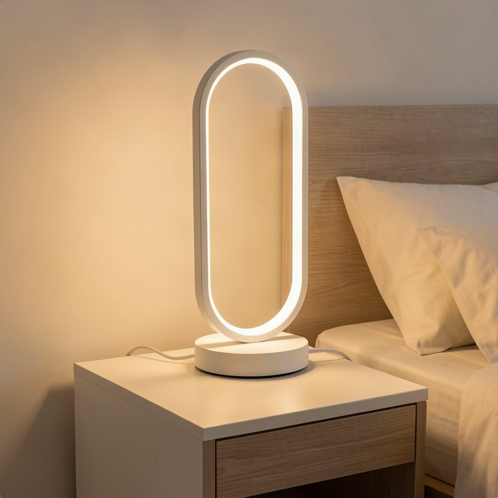 White LED bedside lamp illuminated in a warm neutral bedroom