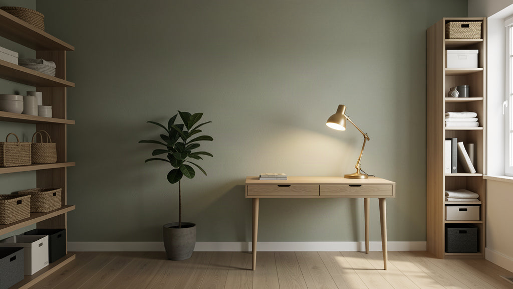 Organized modern workspace with warm task lighting
