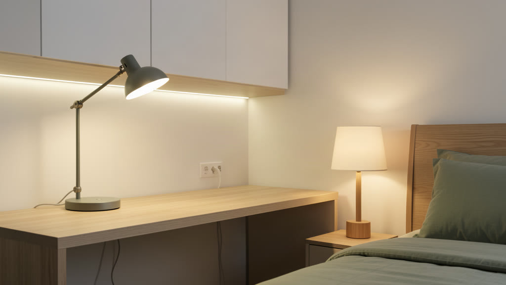 Practical lighting in an organized room