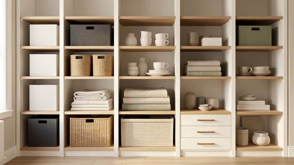 Organized shelving with storage bins and baskets